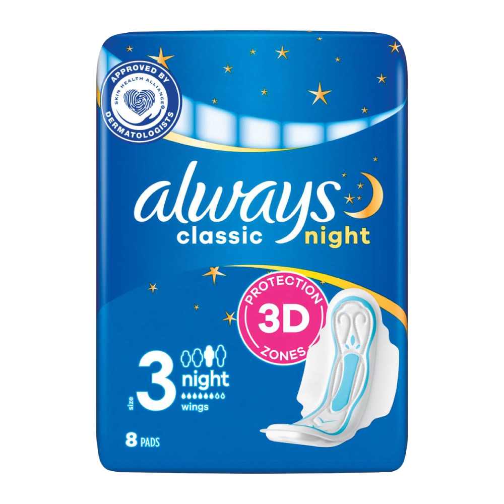 نوار بهداشتی بالدار آلویز Always مدل Classic Night ویژه شب بسته 8 عددی