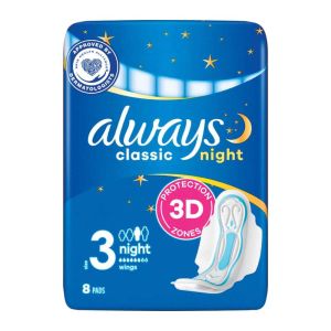 نوار بهداشتی بالدار آلویز Always مدل Classic Night ویژه شب بسته 8 عددی