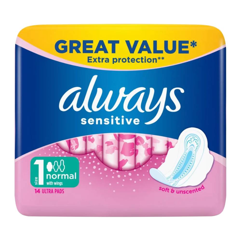 نوار بهداشتی بالدار آلویز Always مدل Sensitive Normal ضد حساسیت بسته 14 عددی