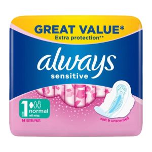 نوار بهداشتی بالدار آلویز Always مدل Sensitive Normal ضد حساسیت بسته 14 عددی