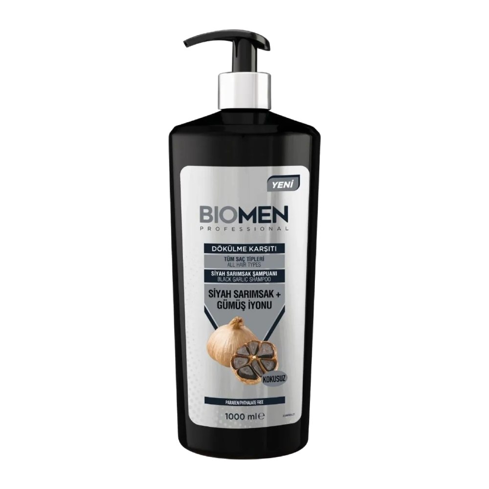 شامپو ضد ریزش مو بیومن Biomen مدل Siyah Sarimsak + Gumus Iyonu حاوی عصاره سیر سیاه حجم 1000 میل