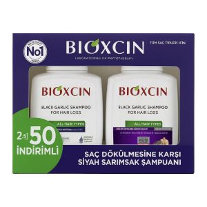 پک شامپو ضد ریزش موی سر Bioxcin مدل Black Garlic حاوی عصاره سیر سیاه حجم 300+300 میل