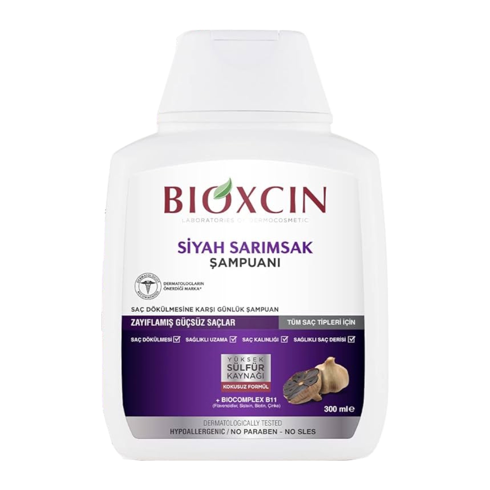 شامپو ضد ریزش مو Bioxcin مدل Black Garlic حاوی عصاره سیر سیاه حجم 300 میل