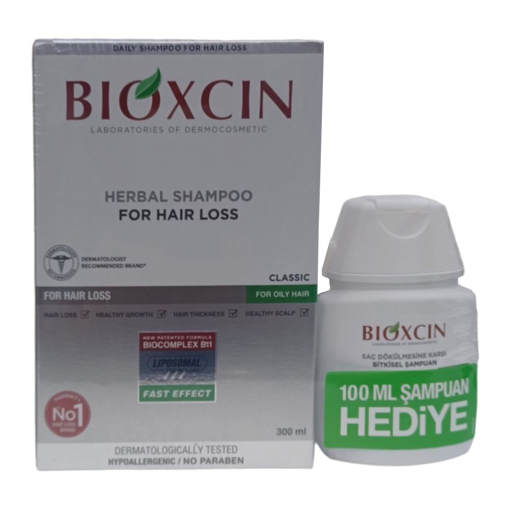 پک شامپو ضد ریزش موی سر Bioxcin مدل Classic مناسب موی خشک و نرمال حجم 300+100 میل