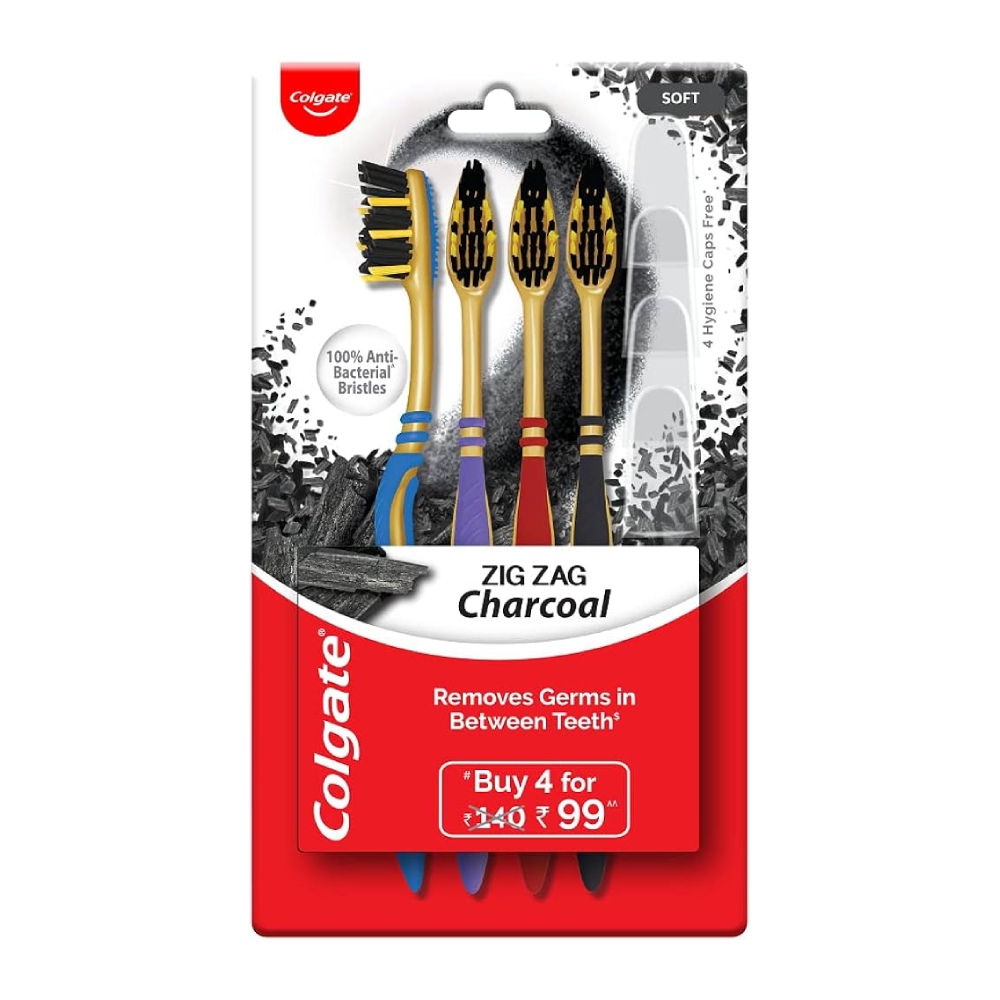 مسواک زغالی Colgate مدل ZigZag Charcoal با برس متوسط بسته 4 عددی