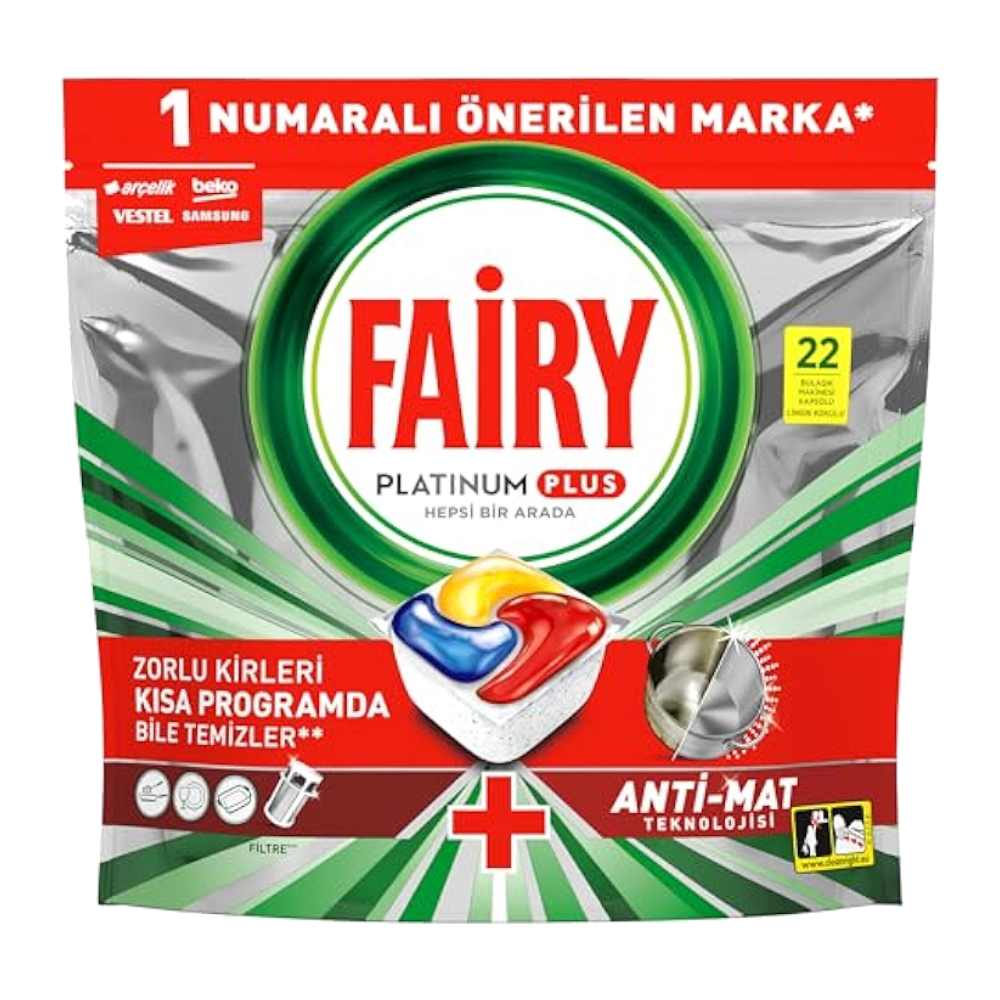 قرص ماشین ظرفشویی Fairy سری Platinum Plus حاوی نمک ماشین ظرفشویی بسته 22 عددی