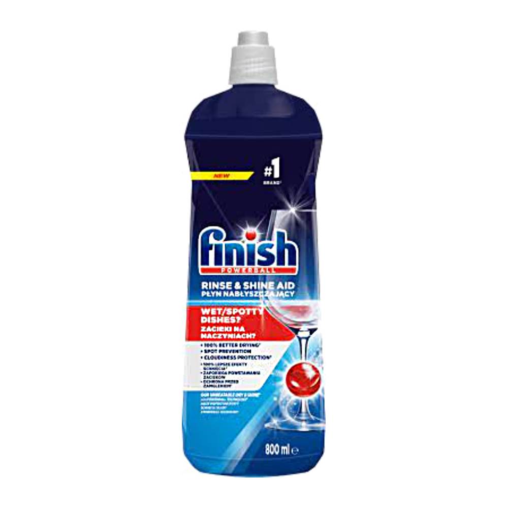 مایع جلا دهنده ظروف فینیش Finish مدل Rinse And Shine Aid مناسب استفاده تا 160 بار شستشو حجم 800 میل
