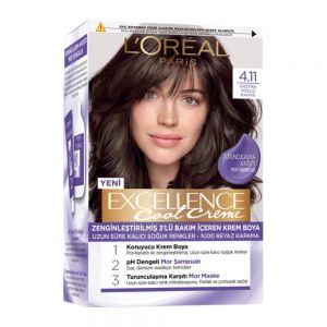 کیت رنگ مو لورآل L'Oreal سری Excellence Cool Creme شماره 4.11 پایه رنگ قهوه ای دودی