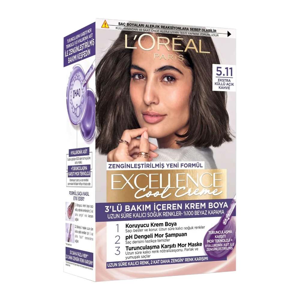 کیت رنگ مو لورآل L'Oreal سری Excellence Cool Creme شماره 5.11 پایه رنگ قهوه ای خاکستری خیلی روشن