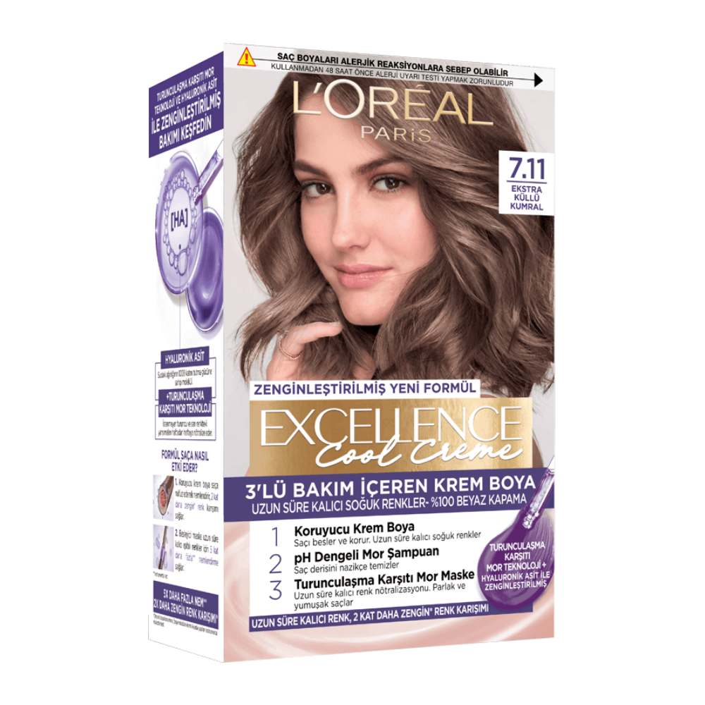 کیت رنگ مو لورآل L'Oreal سری Excellence Cool Creme شماره 7.11 پایه رنگ قهوه ای خیلی تیره
