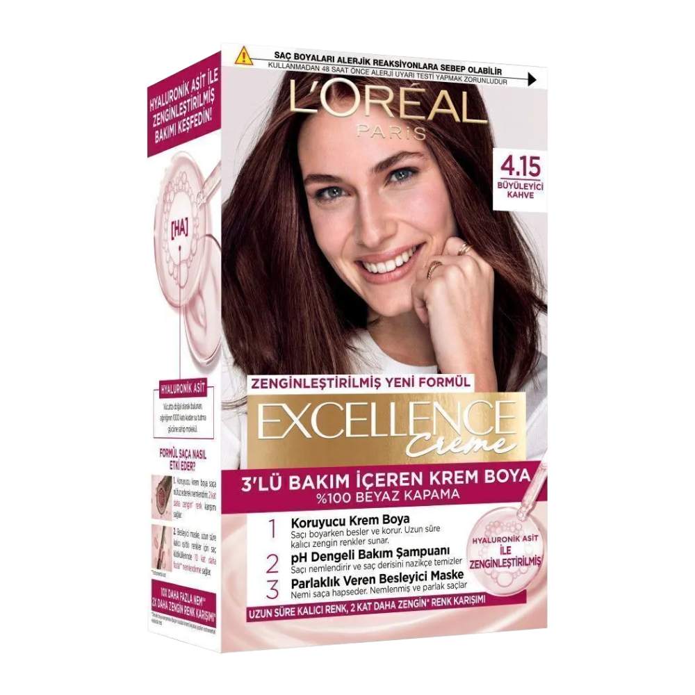 کیت رنگ مو لورآل L'Oreal سری Excellence Creme شماره 4.15 پایه رنگ قهوه ای درخشان