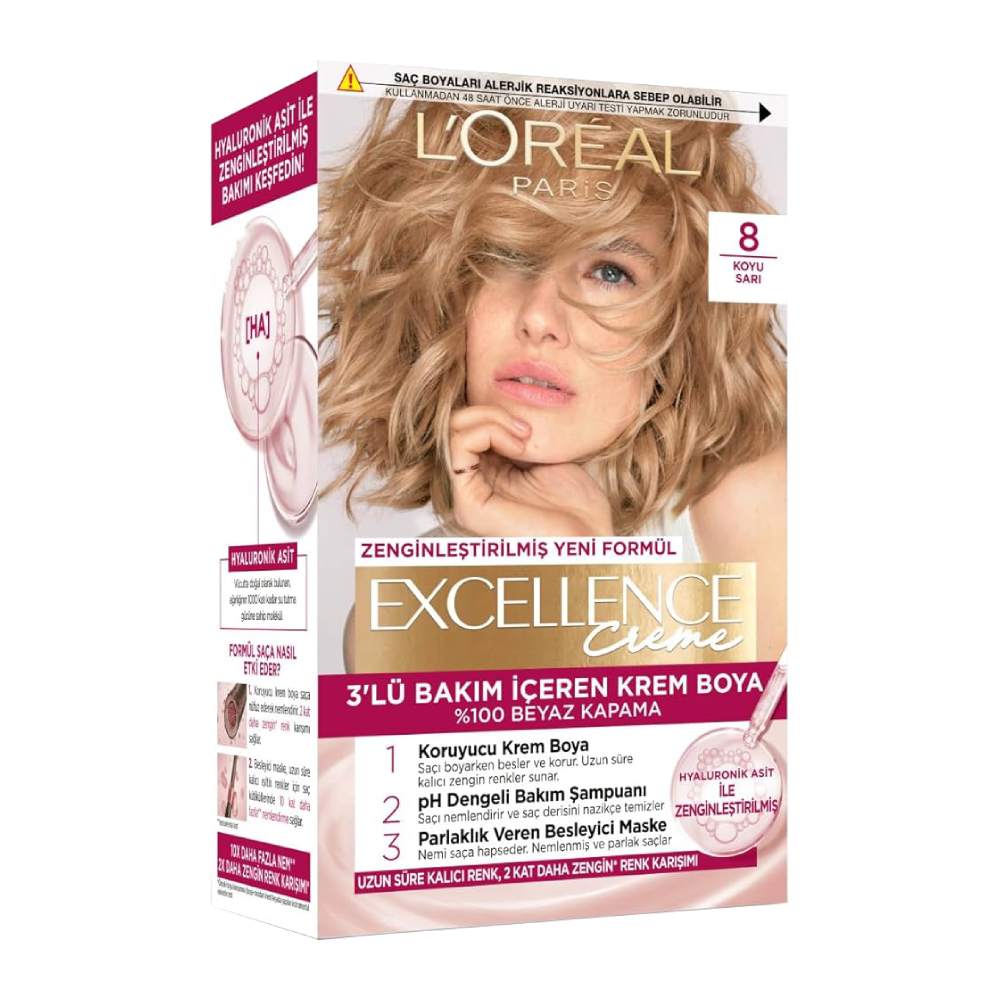 کیت رنگ مو لورآل L'Oreal سری Excellence Creme شماره 8 پایه رنگ بلوند تیره