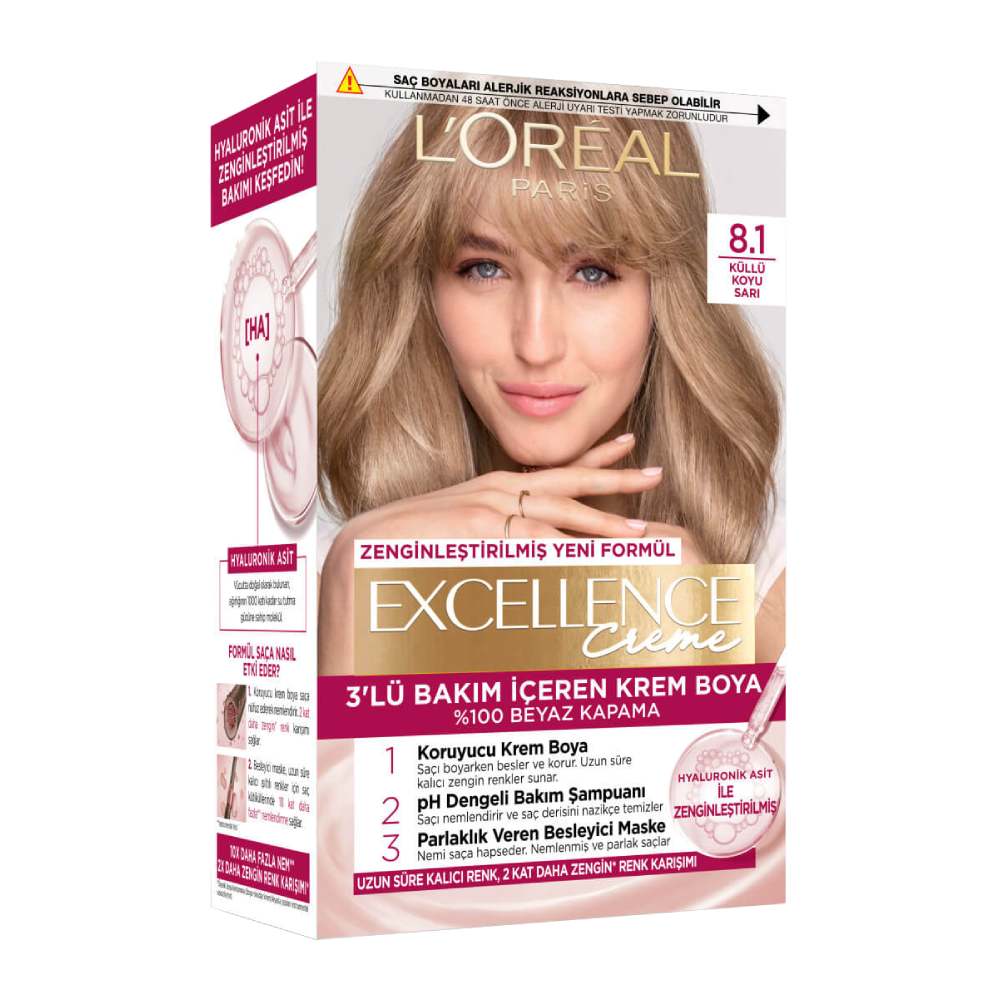 کیت رنگ مو لورآل L'Oreal سری Excellence Creme شماره 8.1 پایه رنگ بلوند خاکستری تیره