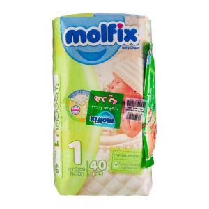 پوشک کودک مولفیکس Molfix سایز 1 مناسب نوزادان وزن 2 تا 15 کیلو گرم همراه با دستمال مرطوب هدیه بسته 40 عددی