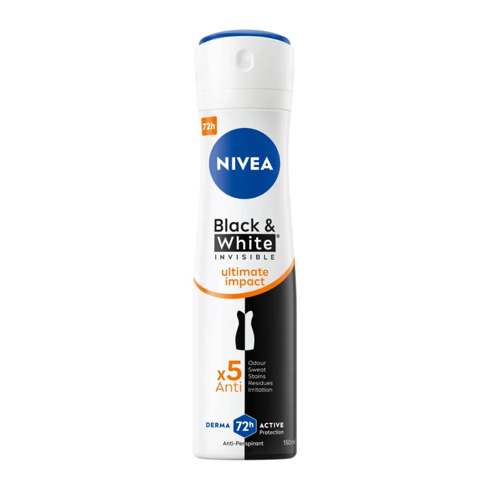 اسپری ضد تعریق زنانه نیوآ Nivea سری Black And White Invisible مدل Ultimate Impact حجم 150 میل
