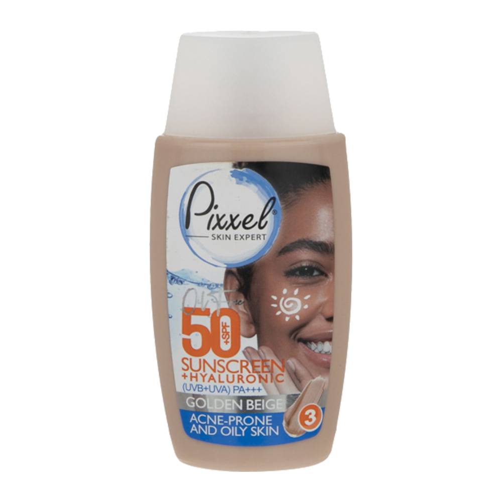 ضد آفتاب فلوئید رنگی پیکسل Pixxel مدل Golden Beige مخصوص پوست چرب، جوش دار حجم 50 میل
