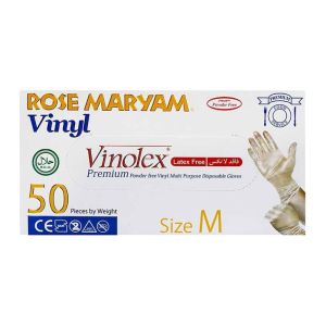 دستکش یکبار مصرف رز مریم Rose Maryam مدل Vinolex وینیل سایز مدیوم بسته 50 عددی
